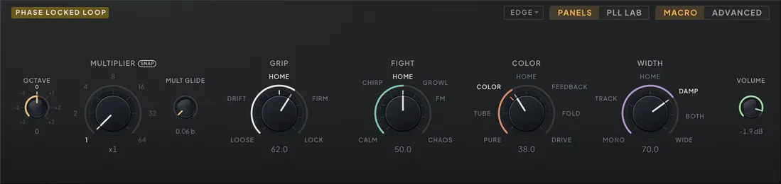 The PLL section on its MACRO lens: MULTIPLIER and the GRIP, FIGHT, COLOR and WIDTH dials with named landmarks