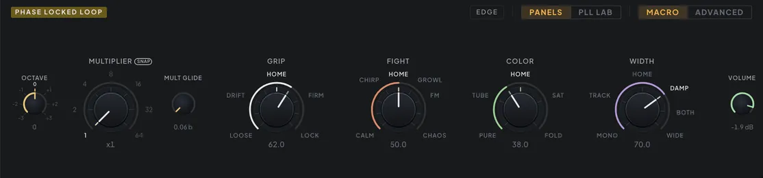 The PLL section on its MACRO lens: MULTIPLIER and the GRIP, FIGHT, COLOR and WIDTH dials with named landmarks