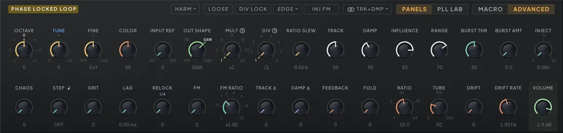 The PLL section on its ADVANCED lens: TRACK, DAMP and INFLUENCE with the detector, ratio and loop-lab controls
