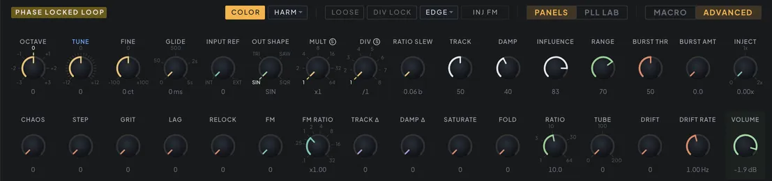 The PHASE LOCKED LOOP panel: reference and loop controls above, the color and character row below