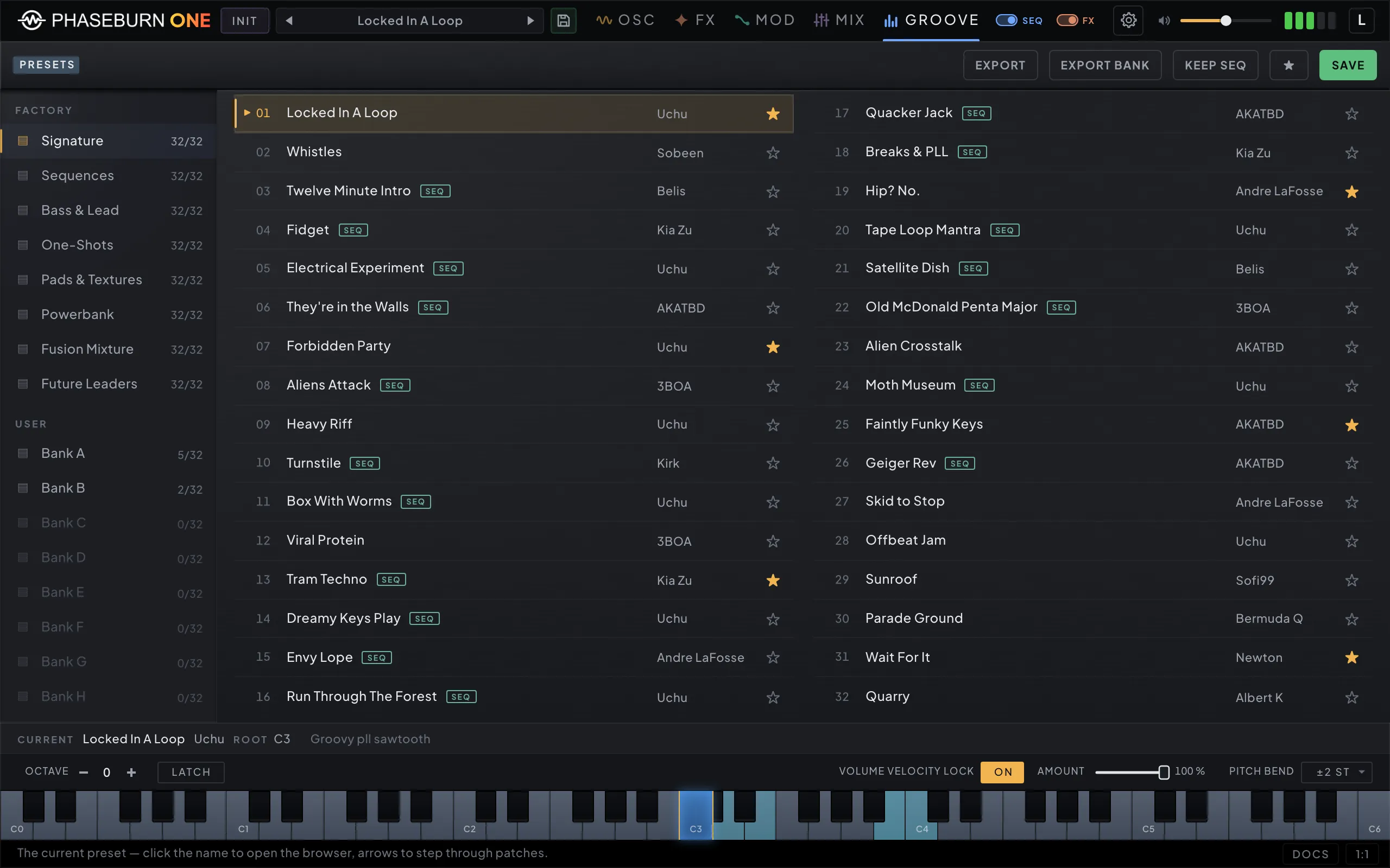 Phaseburn One preset browser: factory and user banks with favorites and SEQ, VCA and FX tags