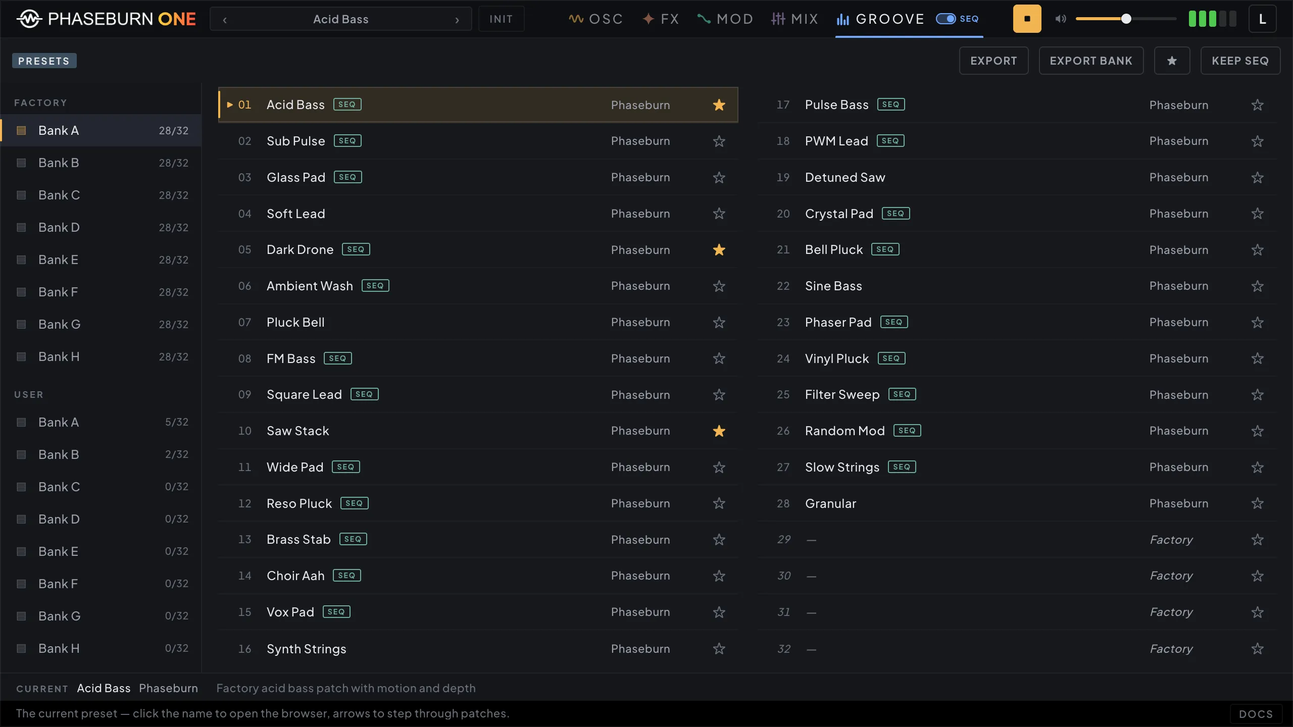 Phaseburn One preset browser: factory and user banks with favorites and sequence tags