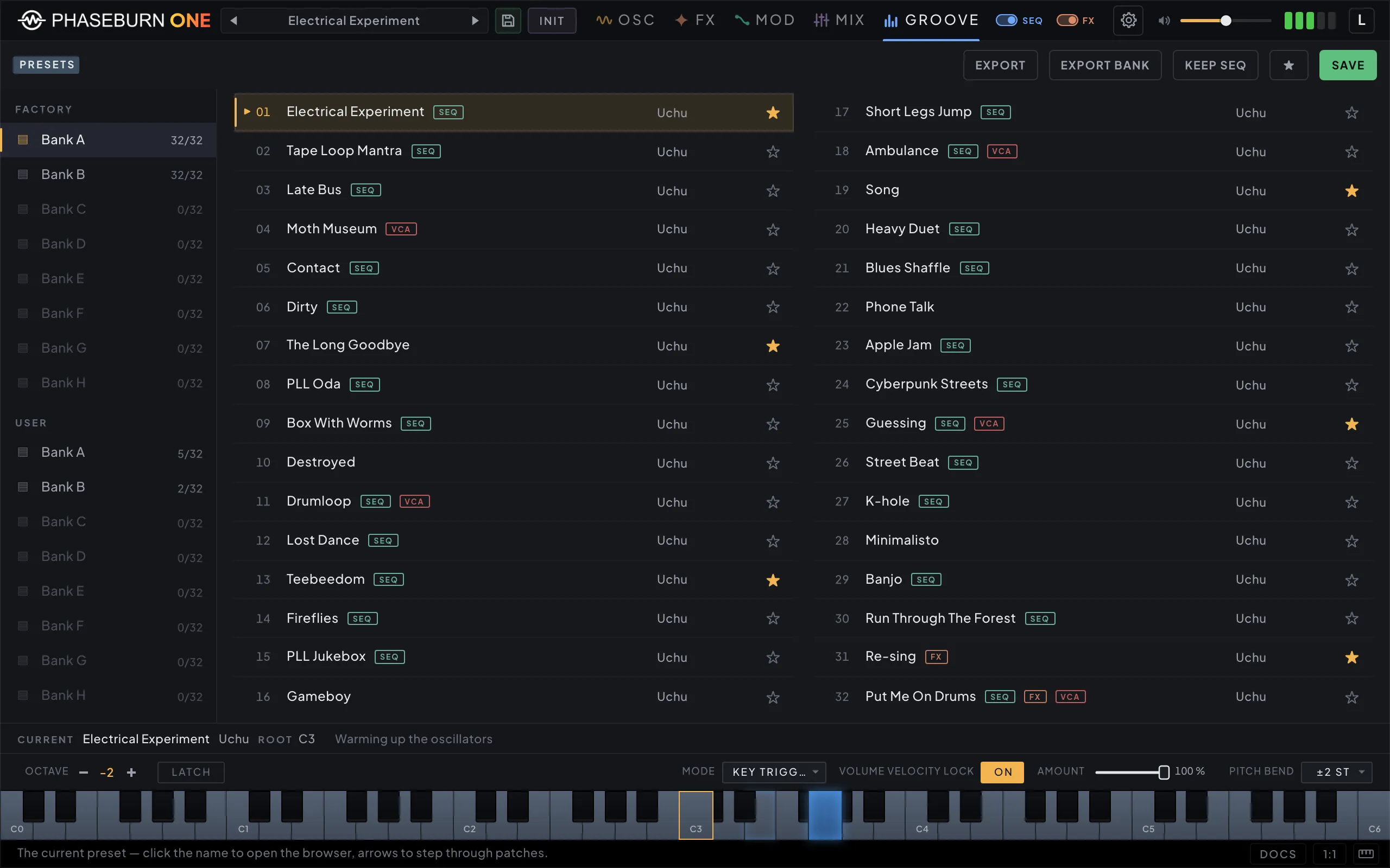 Phaseburn One preset browser: factory and user banks with favorites and sequence tags