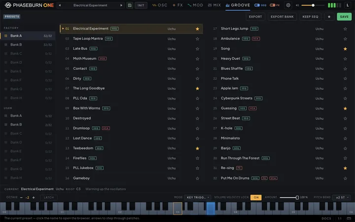 Phaseburn One preset browser: factory and user banks with favorites and sequence tags