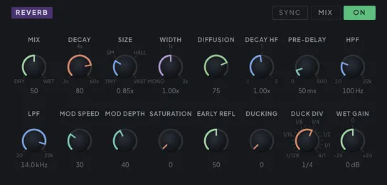 The Reverb module on the FX tab with its controls
