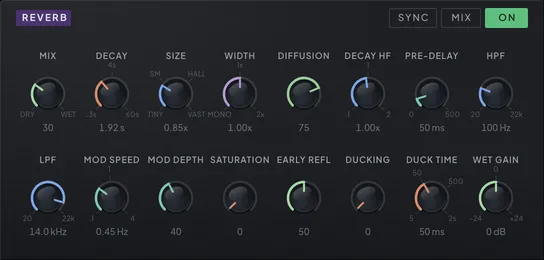 The Reverb module on the FX tab with its controls
