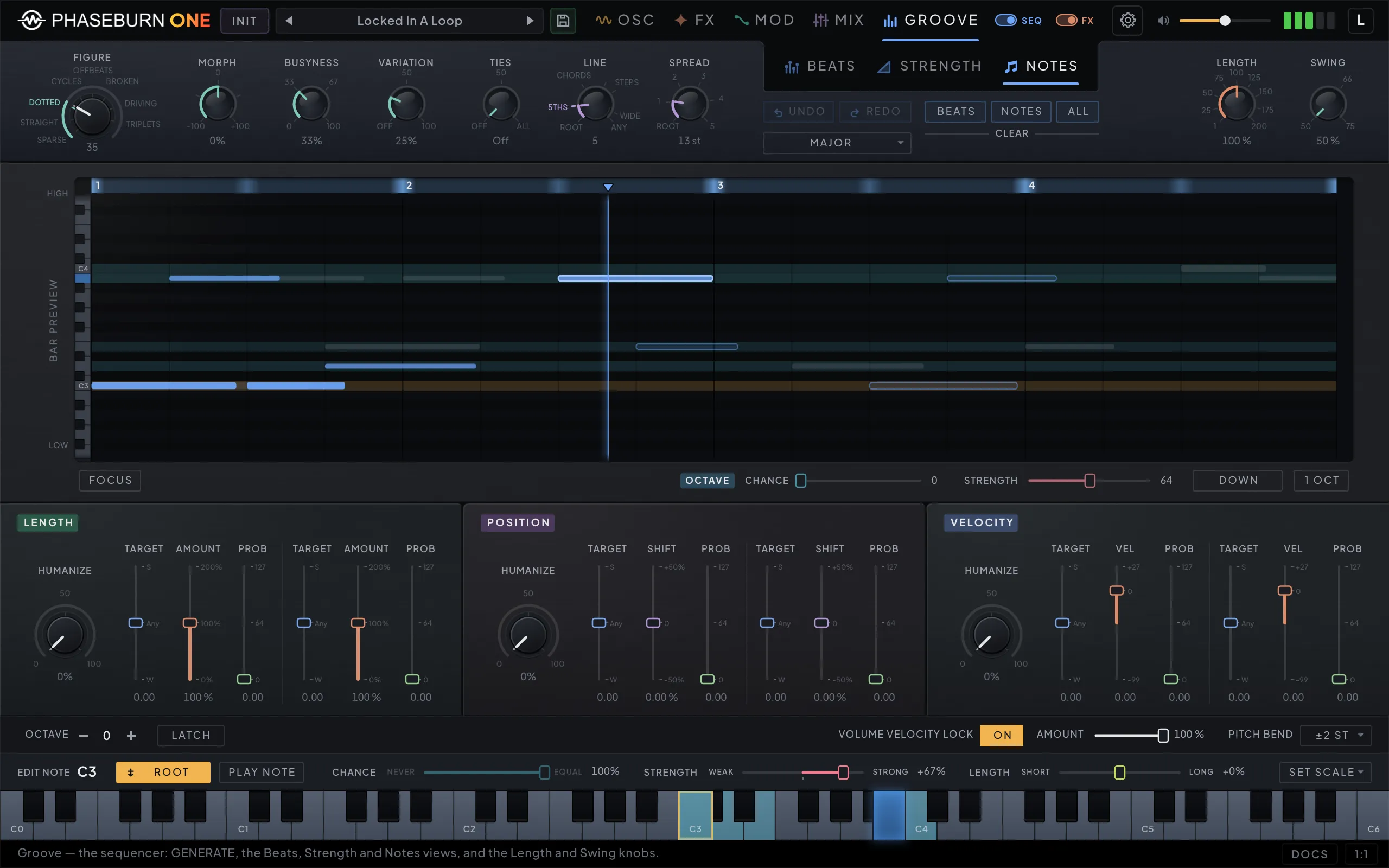 Phaseburn One Groove page, Notes tab: the GENERATE dials above a live bar preview of the rolled notes, the octave row, the length, position and velocity humanize decks, and the edit-note strip with per-note chance, strength and length