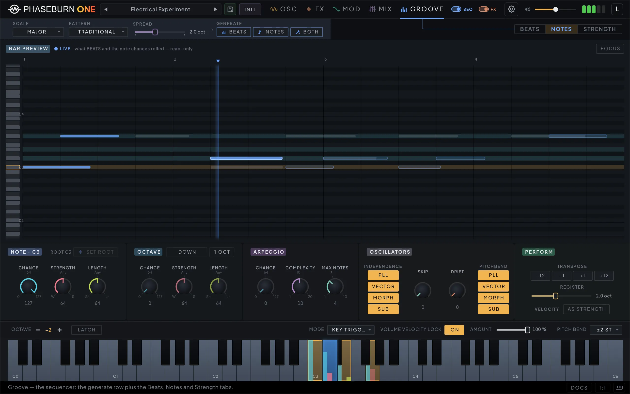 Phaseburn One Groove page, Notes tab: a live bar preview above the note, octave, arpeggio, oscillator and perform modules, each with its own chance, strength and length controls