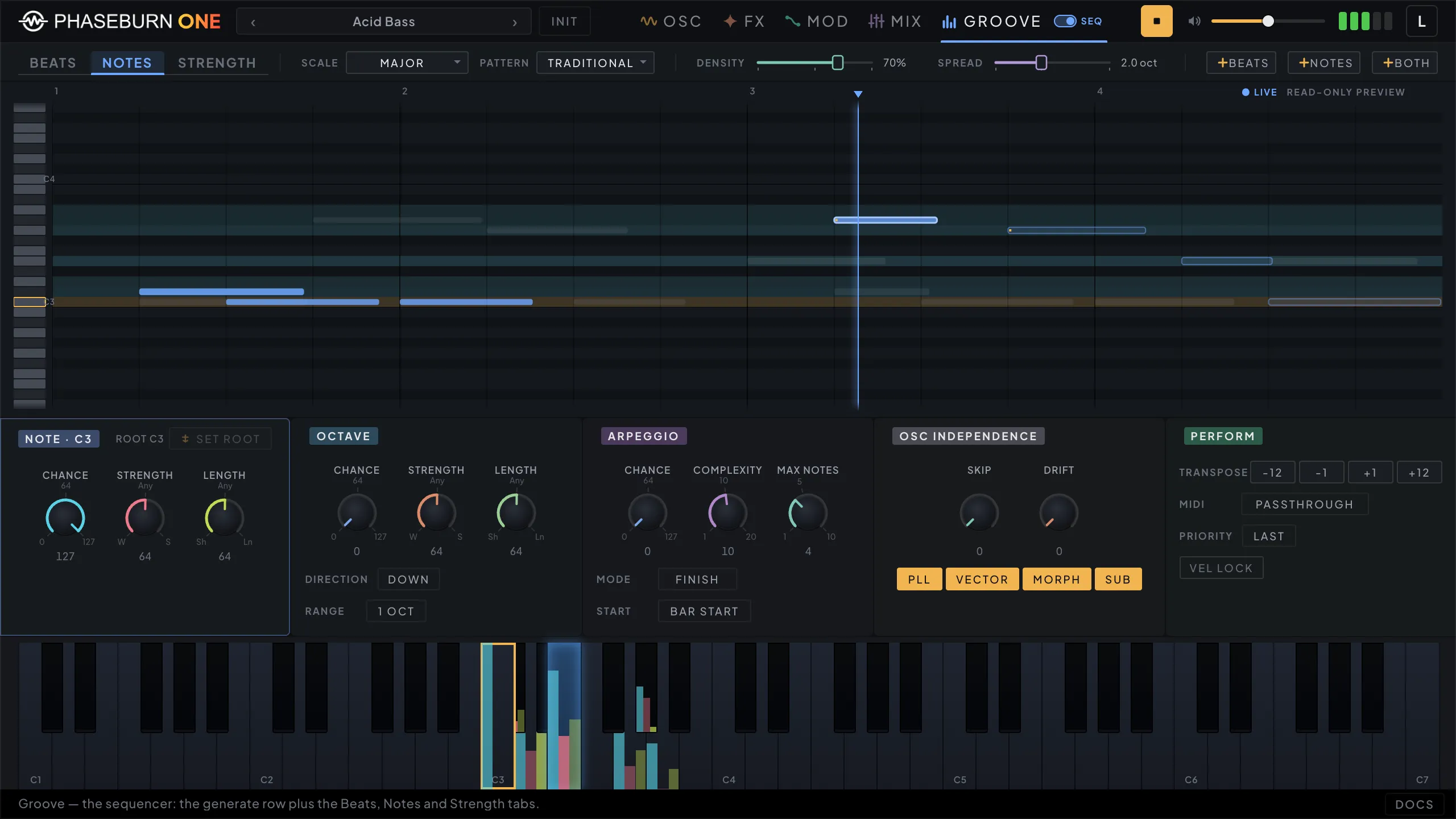 Phaseburn One Groove page, Notes tab: live bar preview above a keyboard note pool with chance, strength and length controls