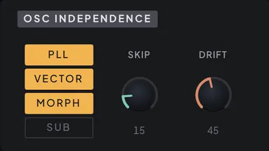 The OSC INDEPENDENCE module with PLL, VECTOR and MORPH armed, SUB not, and DRIFT raised
