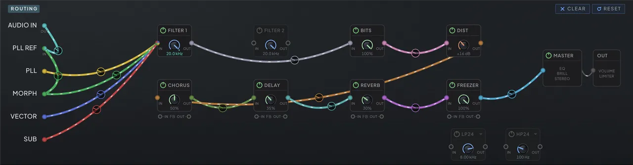 The ROUTING panel with MORPH and AUDIO IN cabled into PLL REF