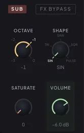 The SUB section with its octave, shape, saturate and FX BYPASS controls