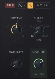 The SUB section with its octave, shape, saturate and NO FX controls
