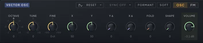 The VECTOR oscillator section with its X, Y and formant controls